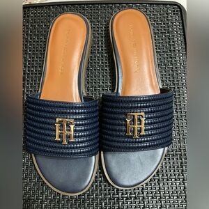 Tommy Hilfiger Blue and Gold Slide Sandals with Monogram
